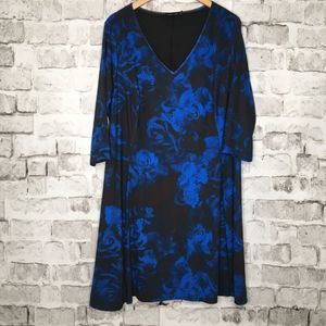 Isabel & Alice Women's Size 1X Dress A-line 3/4 Sleeve Lined Black Blue Floral